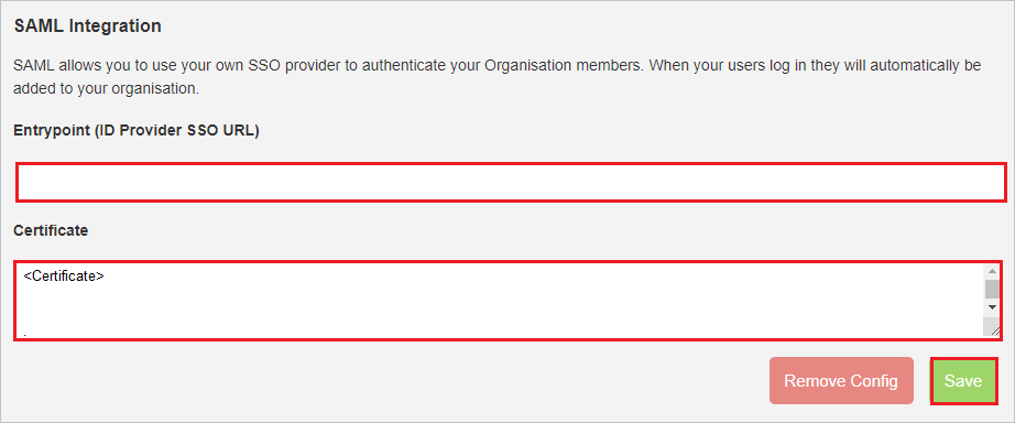 Screenshot shows the SAML Integration page where you can enter the information in this step.