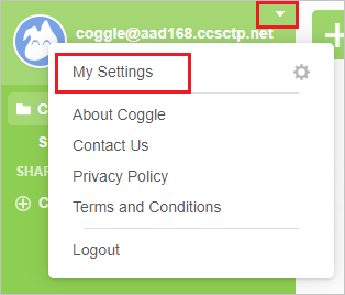 Screenshot shows your Coggle company site with My Settings selected.