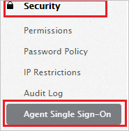 Screenshot that shows the left-side account menu with "Security" and "Agent Single Sign-On" highlighted.
