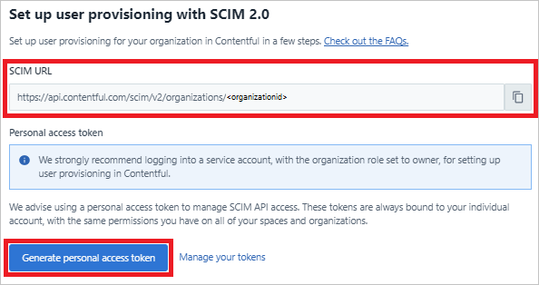 Screenshot showing the SCIM URL to generate a personal access token.
