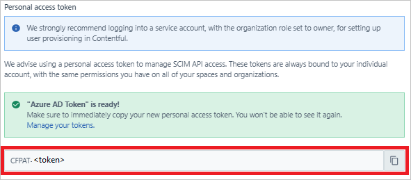 Screenshot of the Personal access token pane, with C F P A T and the token placeholder name highlighted.