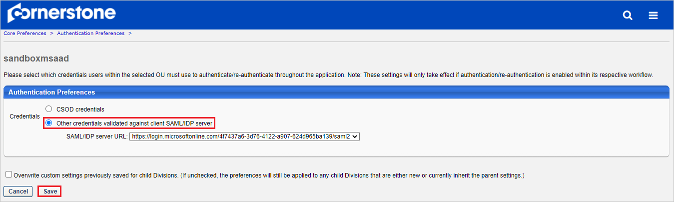 screeenshot for Other credentials validated against client SAML/IDP server.