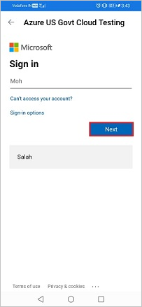 Screenshot that shows the "Sign in" screen with the "Next" button highlighted.