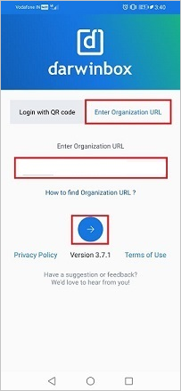 Screenshot that shows the "Darwinbox" mobile app with the "Enter Organization U R L" selected, and an example organization and "Arrow" button highlighted.