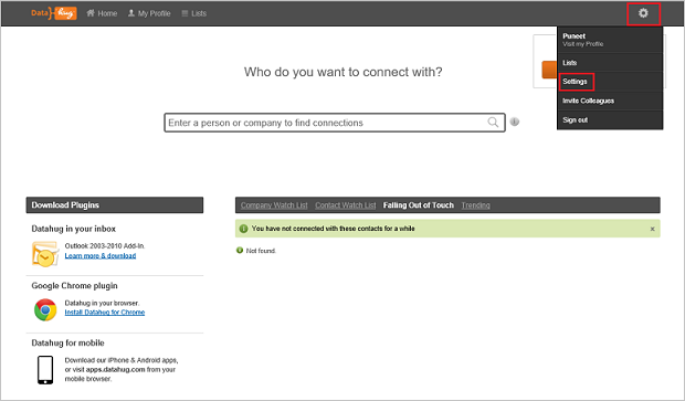 Screenshot that shows the "Datahug" homepage with "Cog" icon selected and "Settings" selected in the drop-down menu.