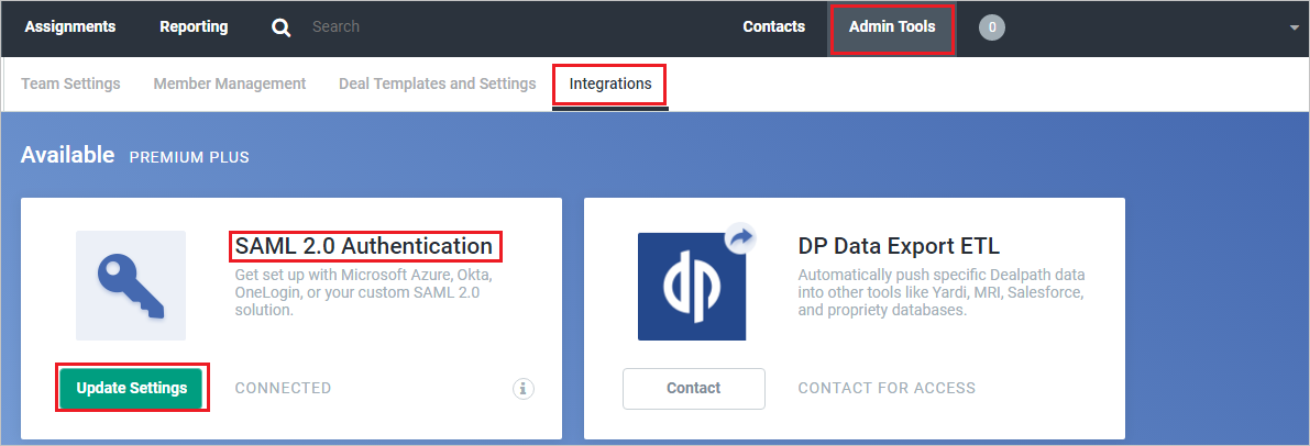 Screenshot that shows the "Admin Tools - Integrations" page with the "S A M L 2.0 Authentication" section and "Update Settings" selected.