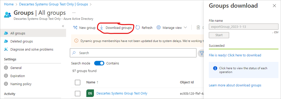 Screenshot shows the Microsoft Entra admin center Groups.
