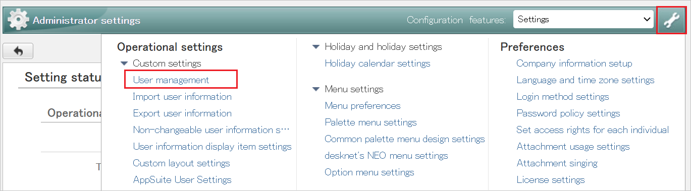 Screenshot for User management settings.