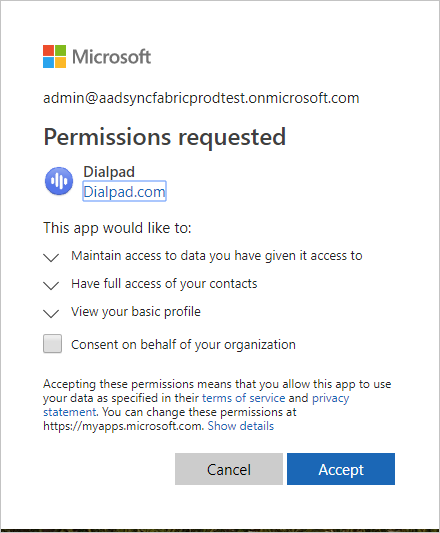 Screenshot showing a Microsoft authentication page stating that the Dialpad app has requested access to some data. The Accept button is highlighted.