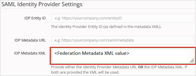 Screenshot shows IDP Metadata XML.