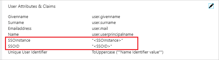Screenshot that shows the "User Attributes & Claims" with the "S S O Instance" and "S S O I D" values highlighted.