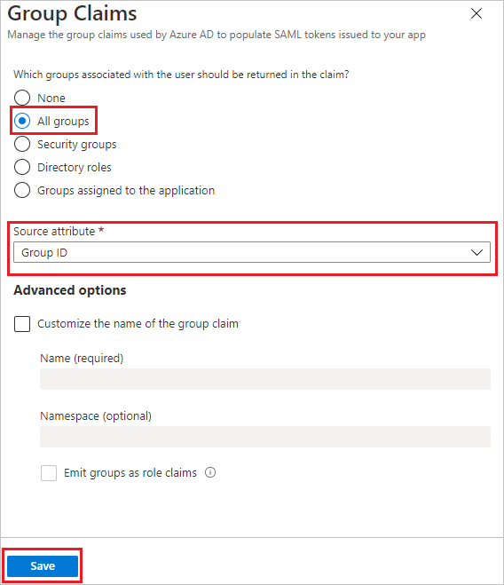 Screenshot that shows the "Group Claims (Preview) window with settings selected.