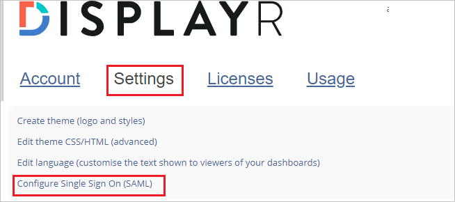 Screenshot that shows the "Settings" tab selected and the "Configure Single Sign On (S A M L)" action selected.
