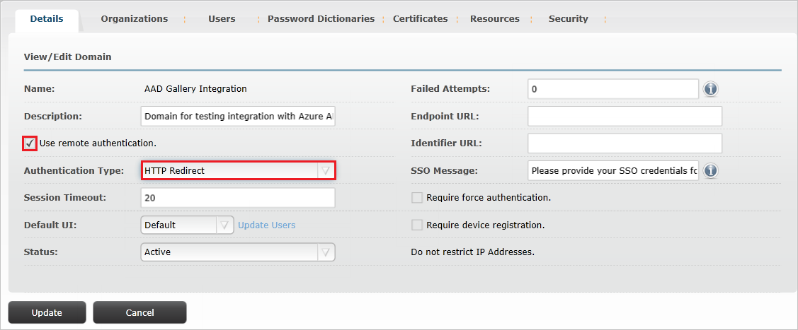 Screenshot that shows the "Details" tab with "Use remote authentication" checked and "H T T P Redirect" selected.