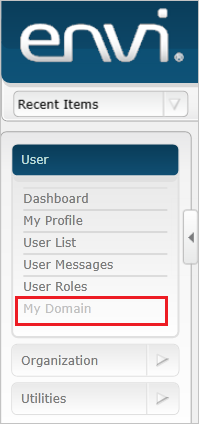 Screenshot that shows the "User" menu with "My Domain" selected.