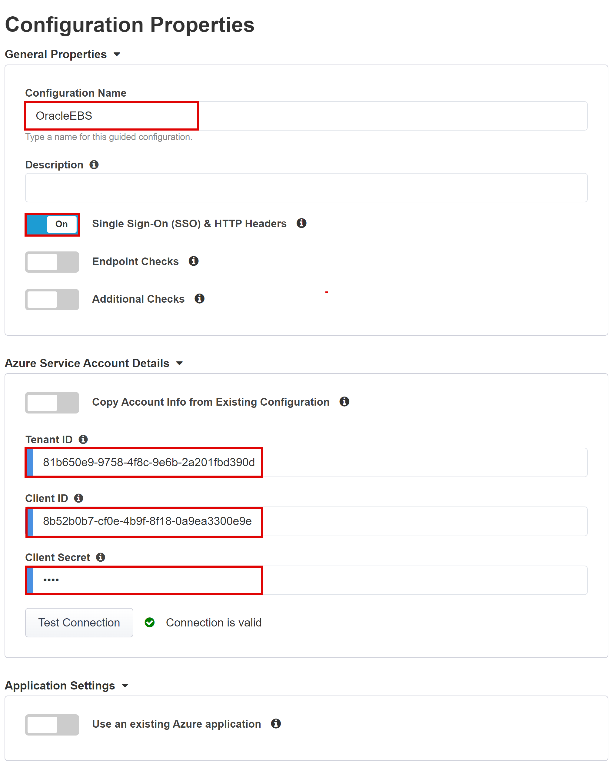 Screenshot for Configuration General and Service Account properties