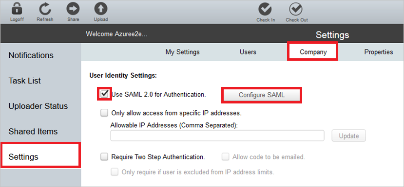 Screenshot that shows the "Company" tab with "Use S A M L 2.0 for Authentication" checked and the "Configure S A M L" button selected.