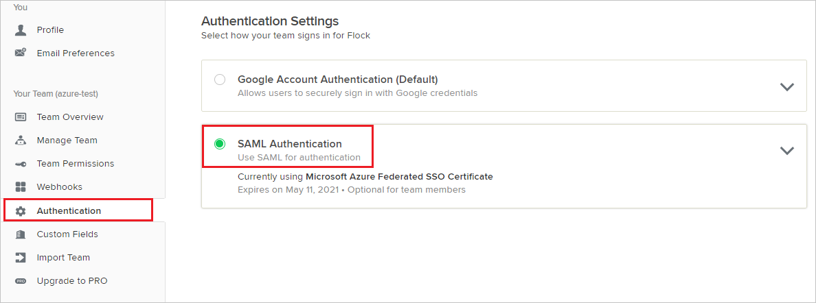 Screenshot that shows the "Authentication" tab with "S A M L Authentication" selected.