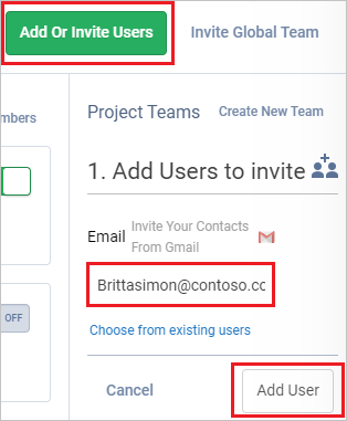 Screenshot that shows the "Add Or Invite Users" button selected, the "Email" field highlighted, and the "Add User" button selected.