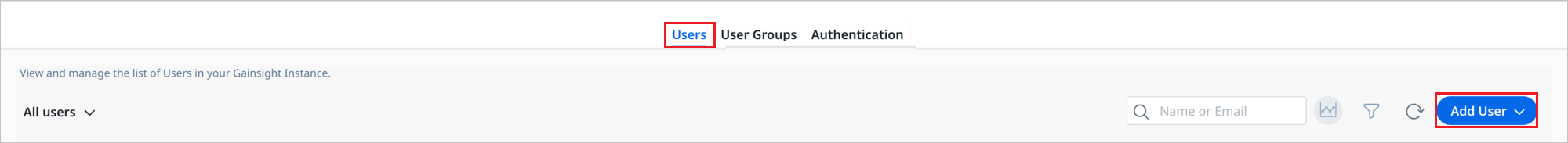 Screenshot shows how to add users in Gainsight.