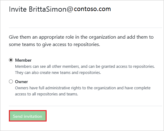 Screenshot that shows the "Invite member" dialog page with "Member" selected and the "Send invitation" button selected.