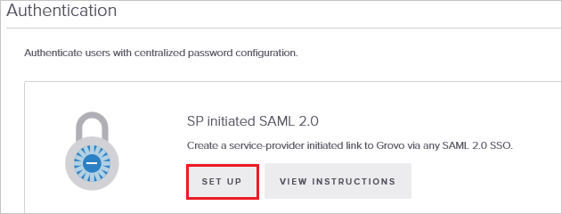 Screenshot that shows the "S P initiated S A M L 2.0" section with the "Set up" button selected.