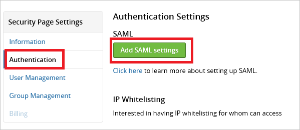 Screenshot that shows the "Authentication Settings" page with the "Add S A M L settings" button selected.