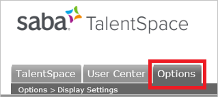 Screenshot that shows the "saba TalentSpace" home page with the "Options" tab selected.