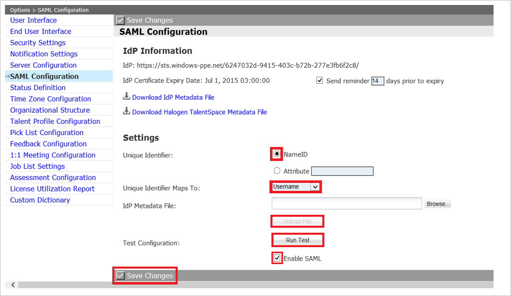 Screenshot that shows the "S A M L Configuration" page with the "Settings" options highlighted.
