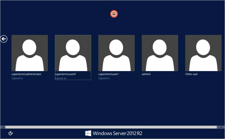 Screenshot of  Windows Server 2012 RS screen showing generic user icons. The icons for administrator, user0, and user1 show that they are Signed in.