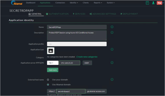 Screenshot of the Akamai EAA console General tab showing Application identity settings for SECRETRDPAPP.