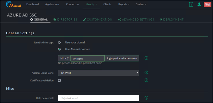 Screenshot of the Akamai EAA console General tab showing settings for Identity Intercept, Akamai Cloud Zone, and Certificate Validation.