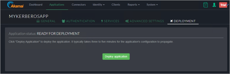 Screenshot of the Akamai EAA console Deployment tab for MYKERBOROSAPP showing the Deploy application button.
