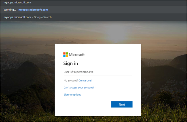 Screenshot of the opening screen for myapps.microsoft.com with a background image and a Sign in dialog.