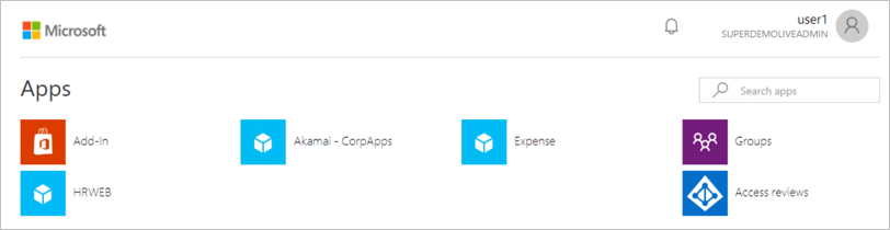 Screenshot showing part of an Apps window with icons for Add-in, HRWEB, Akamai - CorpApps, Expense, Groups, and Access reviews. 