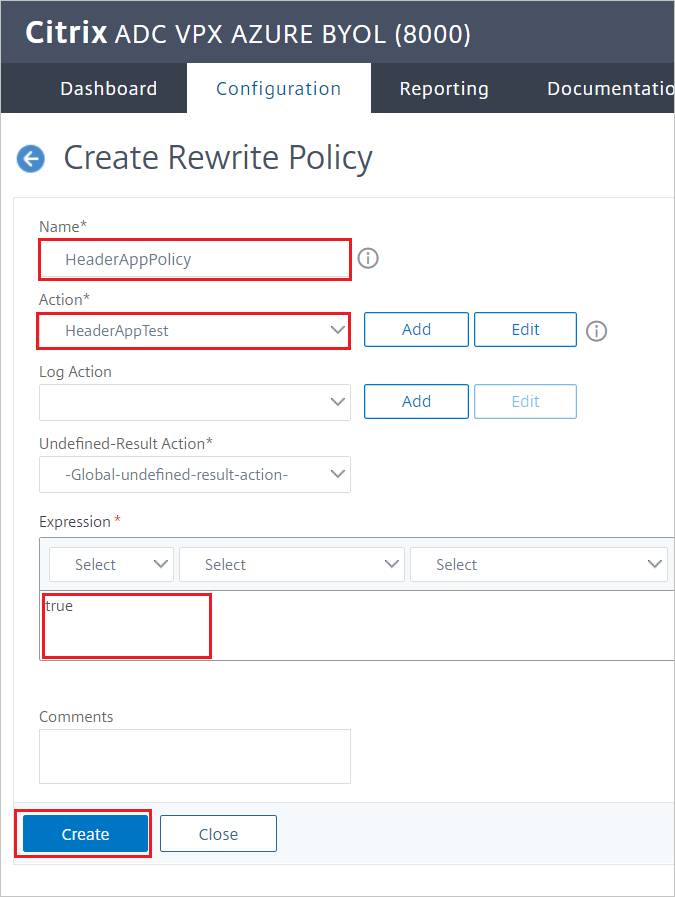 Citrix ADC configuration - Create Rewrite Policy pane