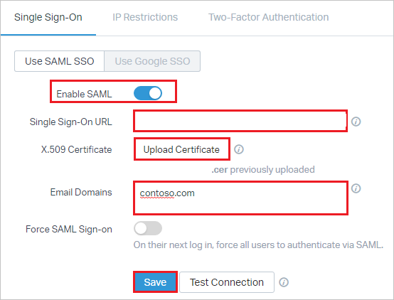Screenshot shows the Single Sign-On tab where you enable SAML and add other information.
