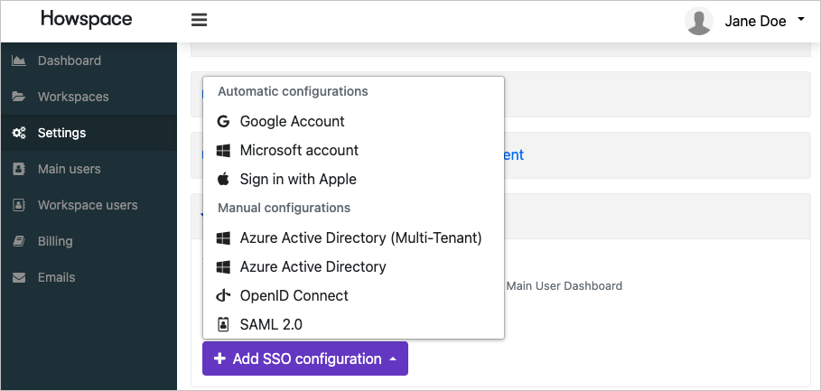 Screenshot of the Add SSO configuration menu in the single sign-on section.