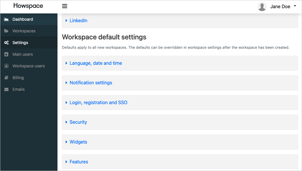 Screenshot of the Workspace default settings in the settings list.