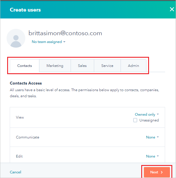 Tabs in the Create users section in HubSpot
