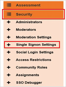 Screenshot shows Single Signon Settings selected from the Security menu.