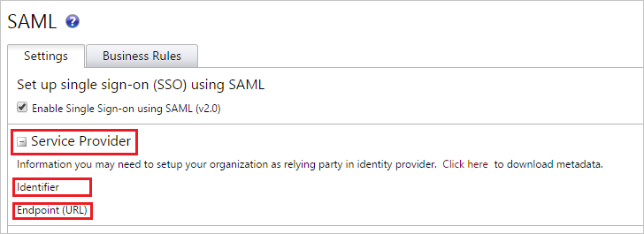 Screenshot shows SAML Settings where you can get the values.