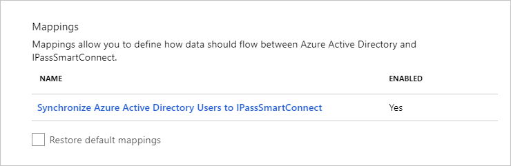 Screenshot of the Mappings section. Under Name, Synchronize Azure Active Directory Users to iPass SmartConnect is visible.