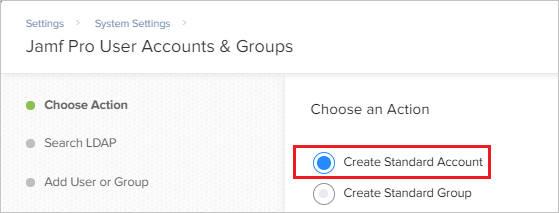 The Create Standard Account option in the Jamf Pro User Accounts & Groups page