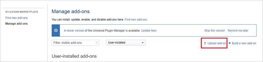 Screenshot shows Manage add-ons with the Upload add-on link called out.