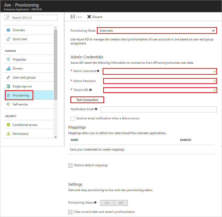 Screenshot shows the Jive Provisioning page, with Provisioning Mode set to Automatic and other values you can set.