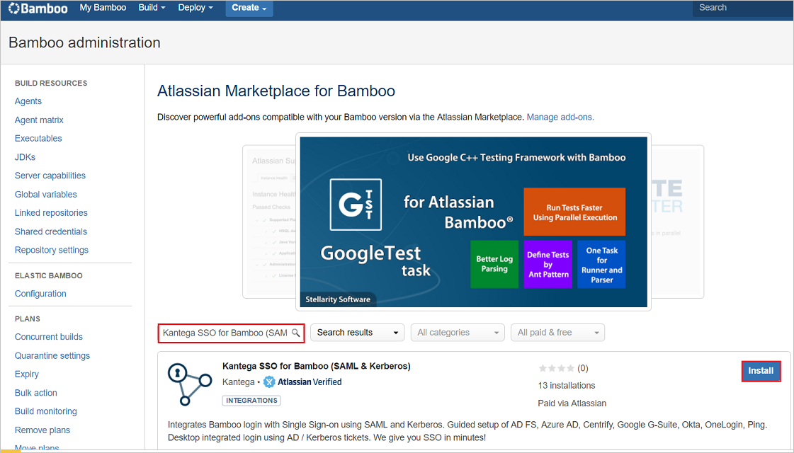 Screenshot shows Bamboo Administration with Kantega S S O for Bamboo selected.