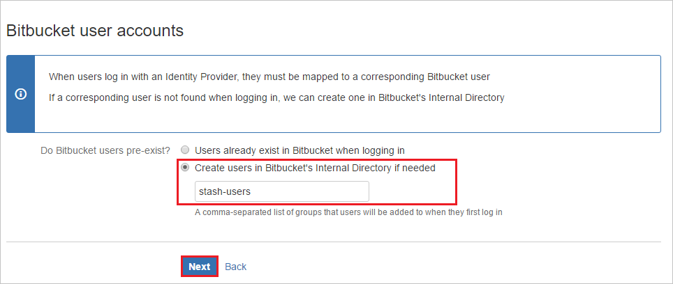 Screenshot shows BitBucket user accounts where you have the option to create users.