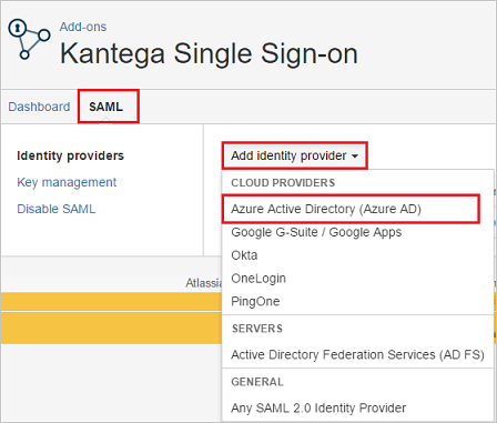 Screenshot shows Kantega Single Sign-On with Azure A D selected as the identity provider.