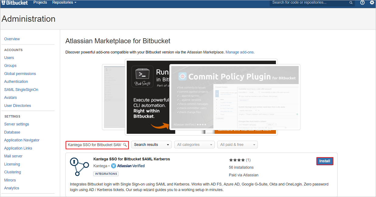 Screenshot shows Kantega SSO for Bitbucket SAML & Kerberos with the option to install.